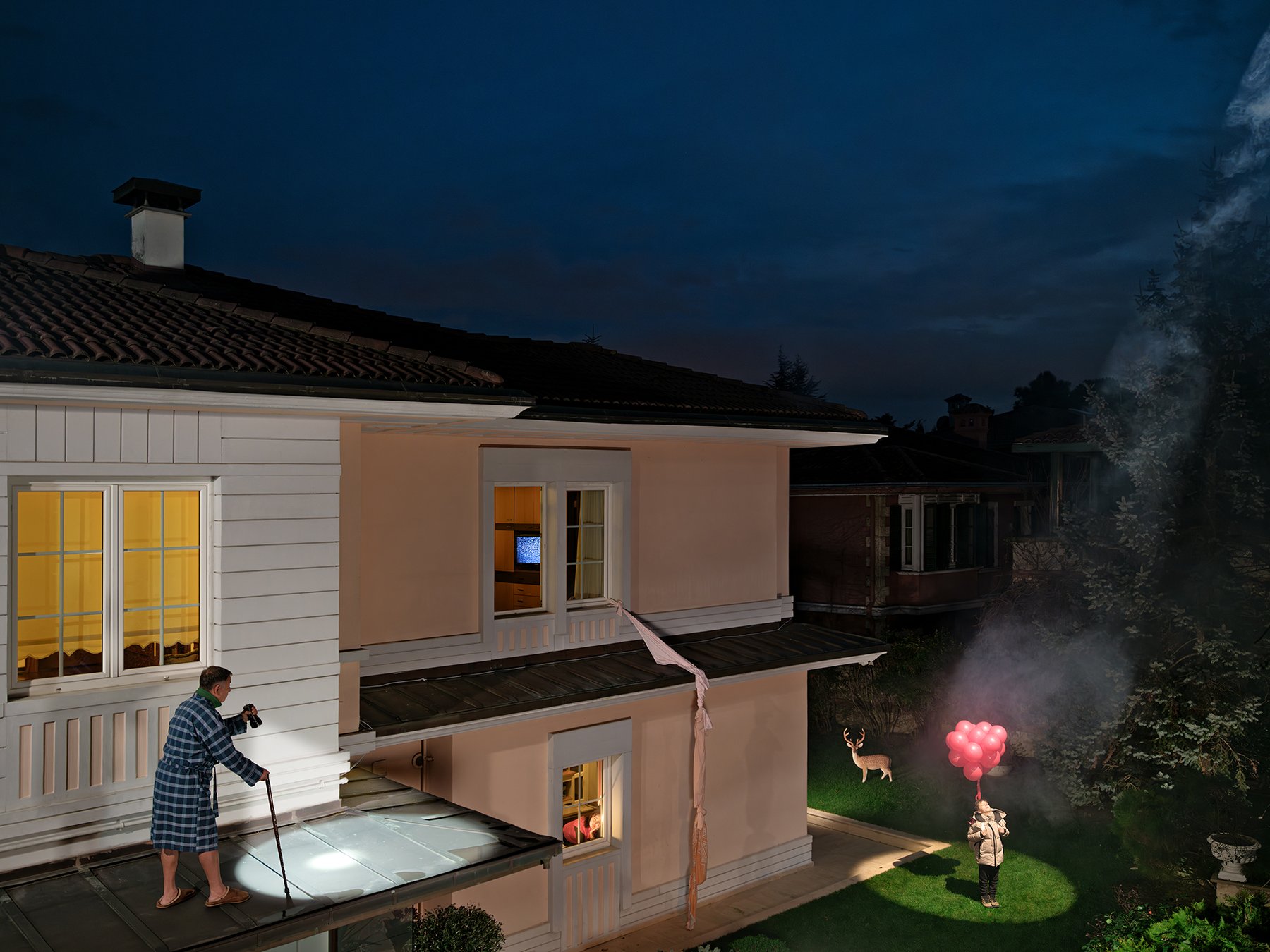 Aerial night view of a house: a man in a robe stands on a balcony with binoculars, a child holds pink balloons in the garden beside a deer, a TV glows with static in a window